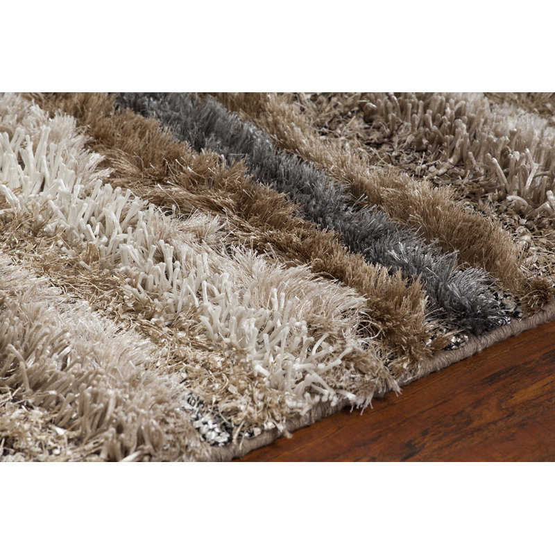 Elberton Authentic Hand-Woven Handmade Beige, Cream, Brown, Black, Ivory & White Modern Mixed Texture Polyester Shag Area Rug