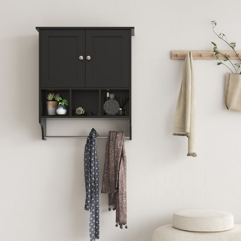 Armoire à pharmacie murale pour salle de bain, rangement en panneau de fibres à densité moyenne avec tablettes réglables et barre à serviettes, armoire murale pour articles de toilette, installation facile