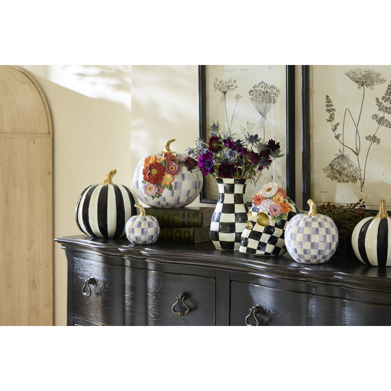 Violet Check Cascade Floral Pumpkin, Light Green, 8" H x 7" W x 7" D