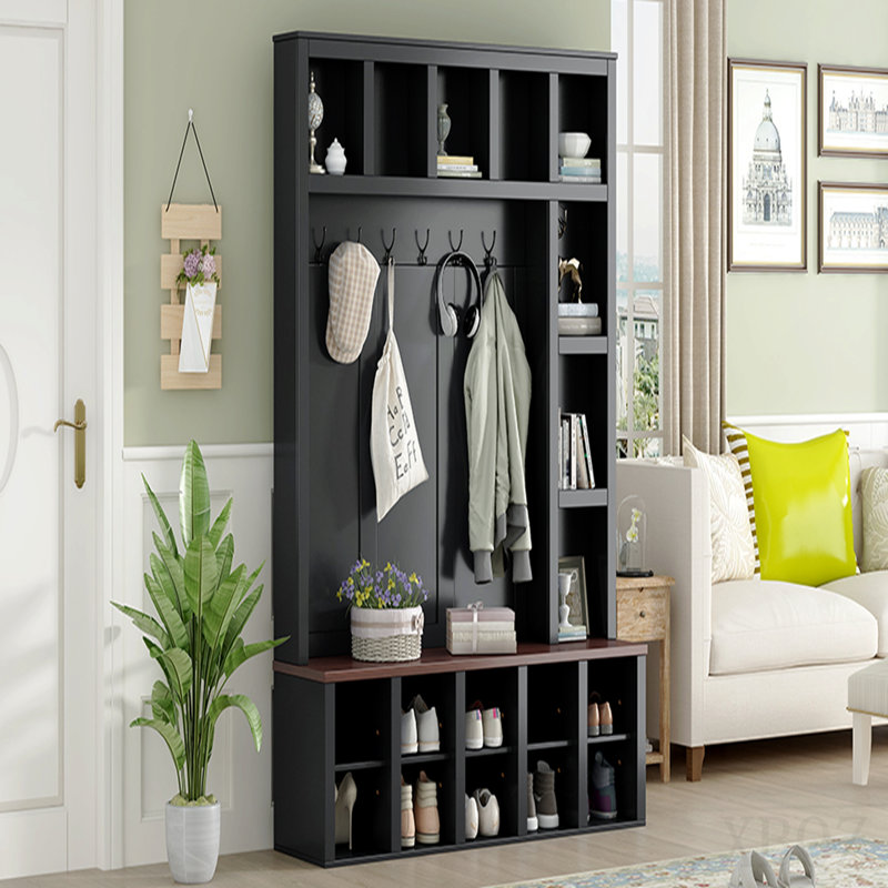 Farmhouse Wooden Hall Tree with 6 Hooks, Walnut Storage Bench with Adjustable Shelves, 4-in-1 Entryway Shoe Cabinet with Cubbies for Mudroom, Living Room, Black, 76.7"H