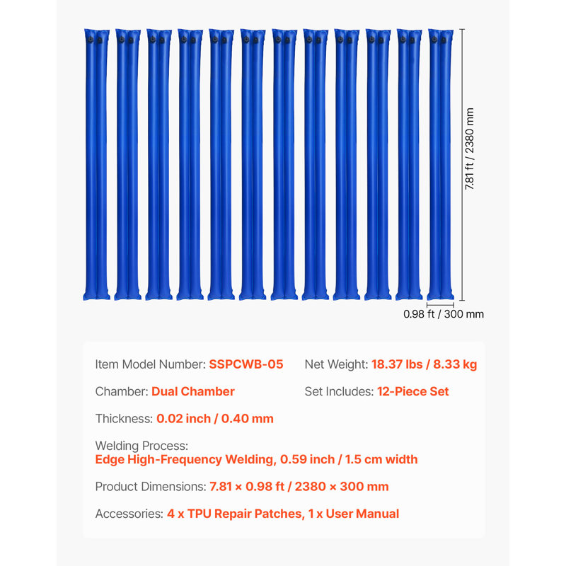 26 Gauge Double Chamber Water Bags Tubes for Winter Pool Cover 10 ft