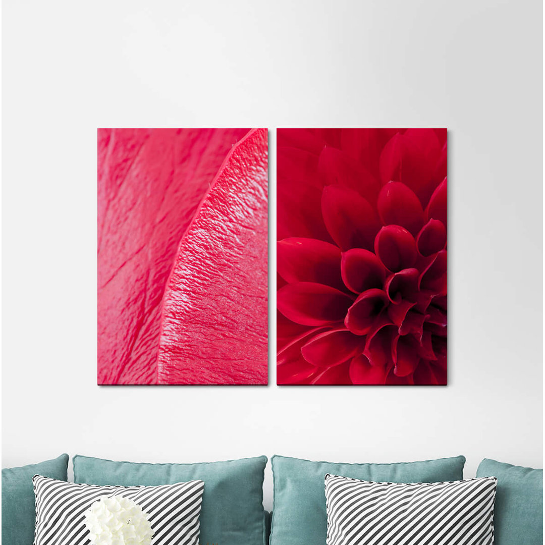 2-tlg. Leinwandbilder-Set - Grafikdruck „Dahlia Red Flower Blossom Pink Romantic Bedroom Sensual”