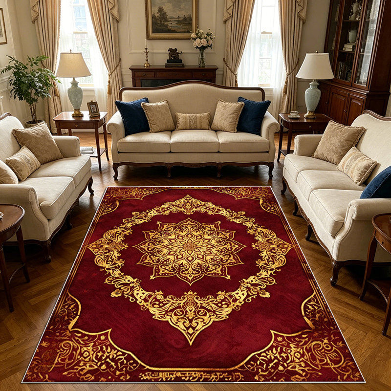 1PC Burgundy Gold Vintage Bohemian Medallion area rugs for Living Room, Soft, All seasons, Easy-maintain, Washable Indoor mat, Farmhouse suitable for dining table, bedroom, entryway, kitchen, home office, patio, Home Decor, Outdoor Decor.