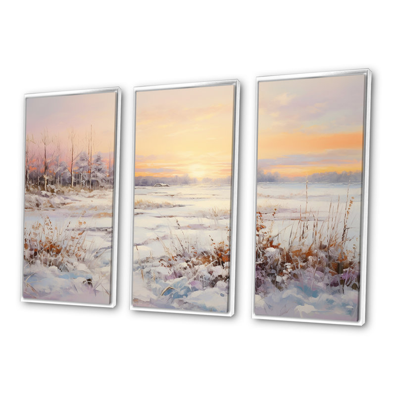 Hiver neige lever de soleil au bord du lac - ensemble de salon d'art mural neige, Cadre flottant blanc