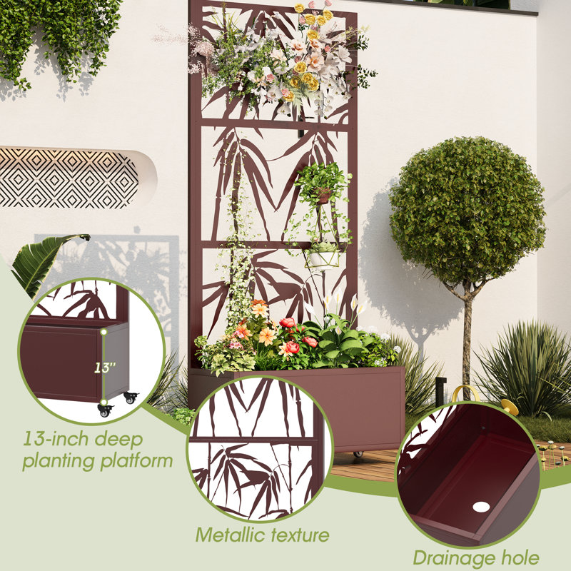  Boîte à fleurs mobile en métal avec treillis - motif de bambou, lit de jardin surélevé avec écran d'intimité et roues verrouillables, acier galvanisé antirouille pour patio, balcon et terrasse