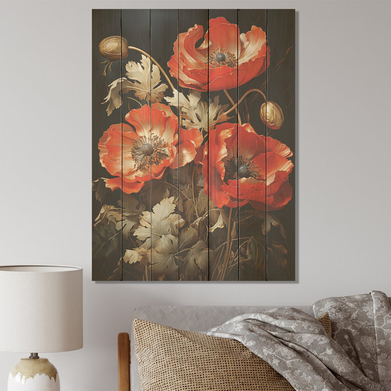 Bronze éclatant coquelicots dans une lueur métallique II - coquelicots sur bois, H 20 po x l 10 po