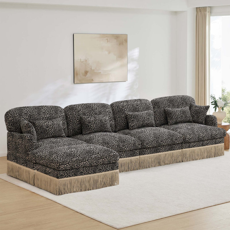 Canapé en L en chenille à imprimé léopard avec repose-pieds mobile et bordure à pampilles, Kaki, 34.6" H x 131.5" W x 33" D