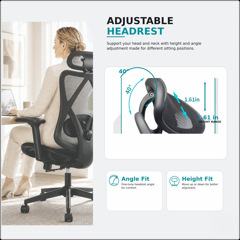 Chaise de bureau ergonomique avec dossier haut en maille, soutien lombaire réglable, appui-tête et accoudoirs pour une utilisation confortable à la maison ou en jeu.