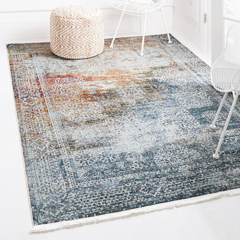 Tapis ivoire / bleu / rouge à motif abstrait Folmar, Rectangle 9 pi x 12 pi