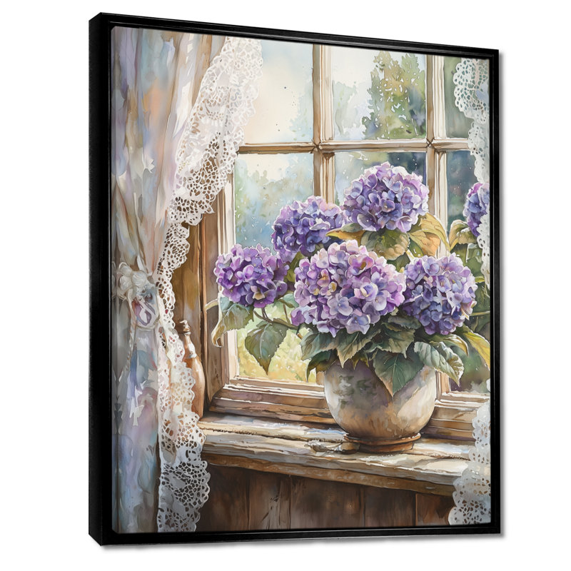 «Hydrangeas By The Farmhouse Window II - Hydrangea», reproduction sur toile, Noir, Reproduction avec cadre flottant