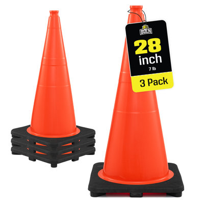 Cônes de signalisation orange Boen de 71 cm (28 po), paquet de 3, cônes de sécurité haute visibilité avec base de 3,2 kg (7 lb) pour le stationnement, les travaux routiers et la signalisation routière.