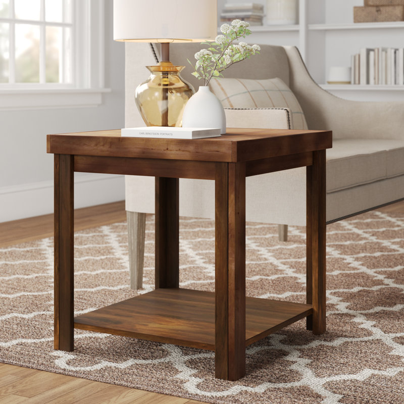 24" Farmhouse End Table with Storage Shelf, Rustic Whiskey Finish, Fully Assembled, Whiskey 