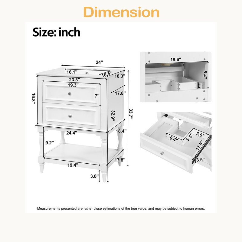 Meuble-lavabo 24 po avec lavabo en céramique, armoire de rangement avec portes à fermeture douce et tablette ouverte, Blanc