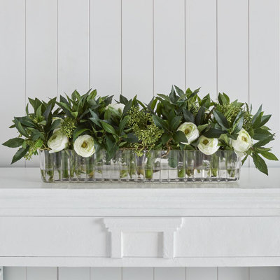 12"hx15"wx35"l Sweet Bay Leaf/ Ranunculus Arrangement4.5"wx25"l Ribbed Glass Vase In 4"hx
