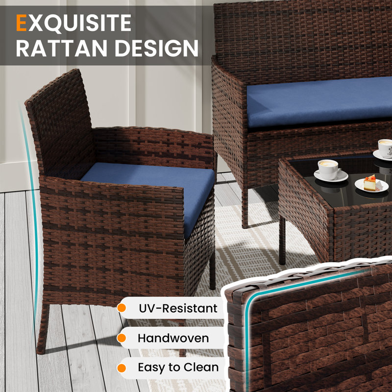 4-Person Wicker Outdoor Patio Conversation Set with Cushions and Coffee Table, Navy