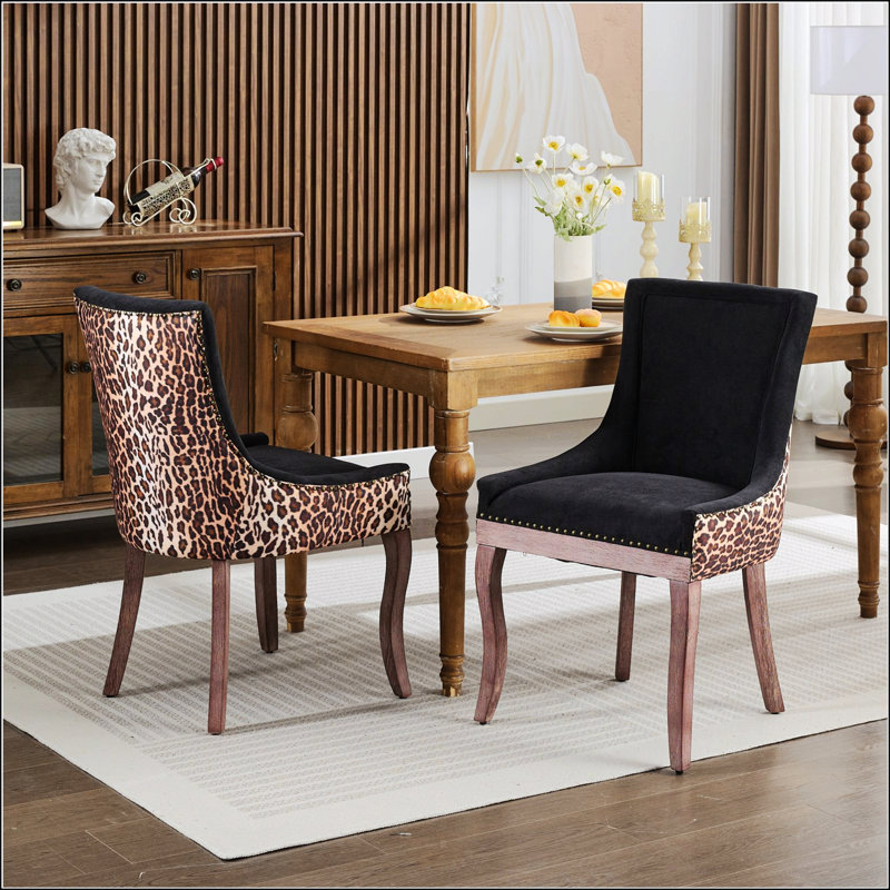 Chaise de salle à manger d'appoint avec tissu épaissi, pieds en bois massif et garniture cloutée en bronze, imprimé léopard, ensemble de 2