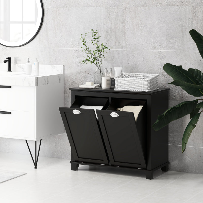 Armoire à linge double inclinable pour salle de bain. 2 pour le rangement des toilettes, armoire de plancher noire. Espace de rangement pour les serviettes spacieuses. Rangement séparé et articles foncés. Fabriqué à l'eau. Fonction de surmatelas.