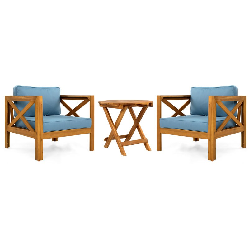 Ensemble de conversation d'extérieur en bois d'acacia avec coussins 3 pièces Kidd, Bleu