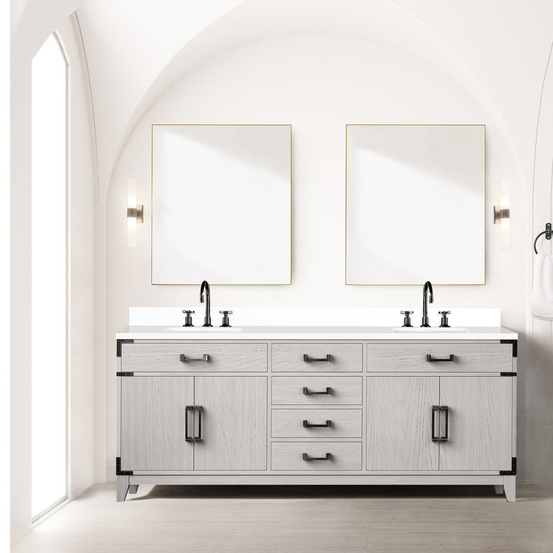 80 po L Double meuble-lavabo en chêne blanc avec marbre de culture scellé et espace de rangement x 22 po