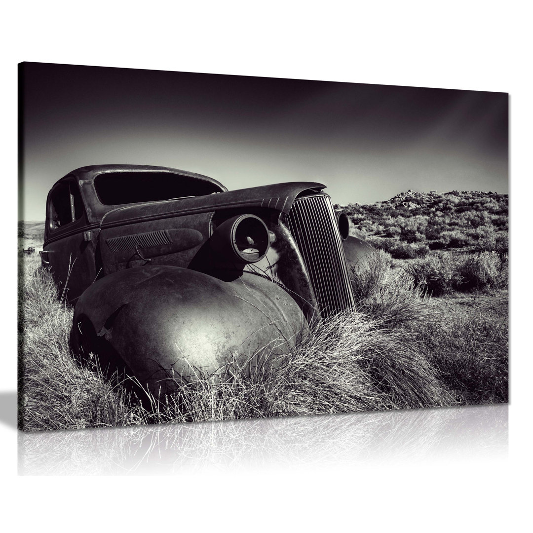Panther Print Fine Art Prints Black & White Vintage Wrecked Car In A Desert Artistic Framed Canvas Print, Pictures For Home Walls, Bedroom, Living Roo