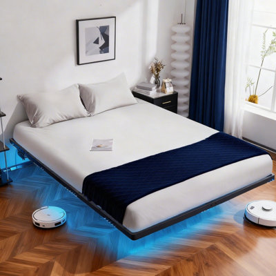 Black King Size Floating Metal Platform Bed Frame, 14 Inch Height with RGB Dimmable LED Strip & Built‑in Power Outlet,Bedroom Guest Room Home Furniture
