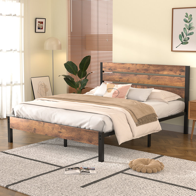 Single Double Size Platform Bed Frame with Rustic Vintage Wood Headboard, Mattress Foundation, Bed Frame with Strong Steel Slats Support, No Box Spring Needed, Easy Assembly