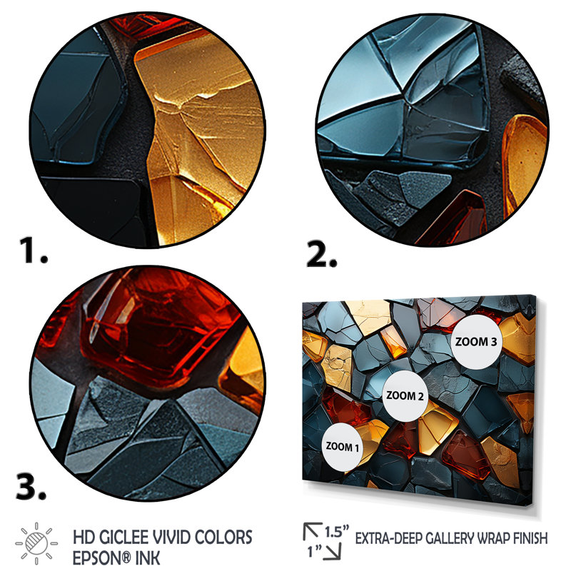 Carreaux de mosaïque dorés et bleus I - décoration murale en marbre, Cadre flottant noir, H 16 po x l 32 po x P 1 po