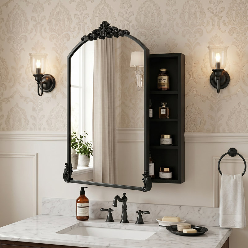 Pharmacie baroque en métal 32 po x 24 po avec miroir et ornements amovibles, H 32 po x l 24 po x P 5 po, Noir