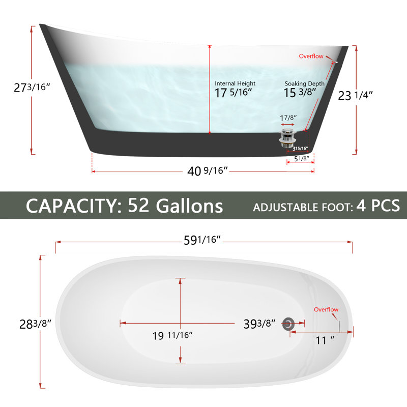 59" x 29" Freestanding Soaking Acrylic Bathtub, Glossy Black