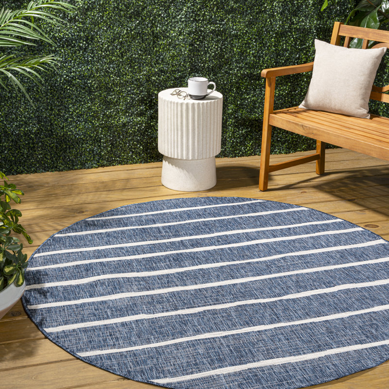 London Berber Stripe Blue/Ivory Indoor/Outdoor Rug, Round 9'