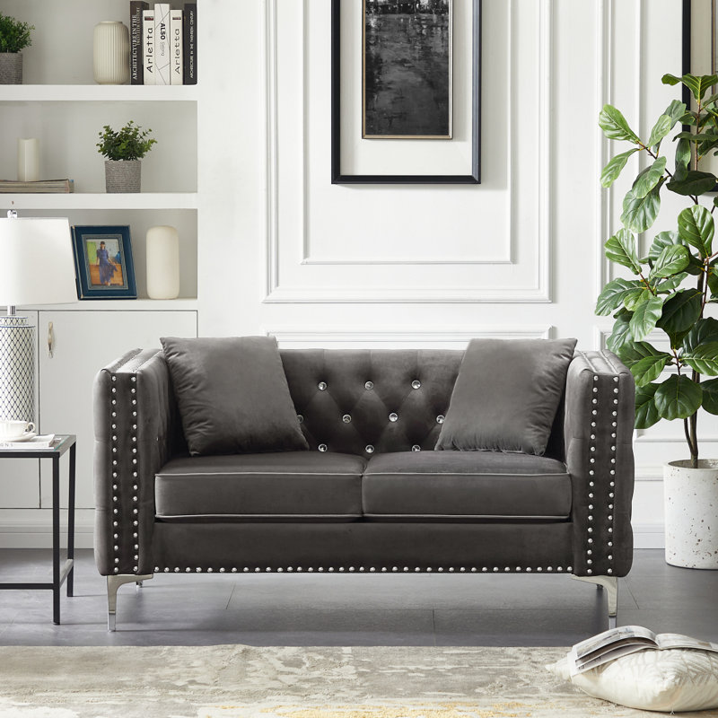 Canapé moderne en velours de 59,4 pouces de largeur avec boutons, accoudoirs carrés et 2 coussins Modern, Gris, 2