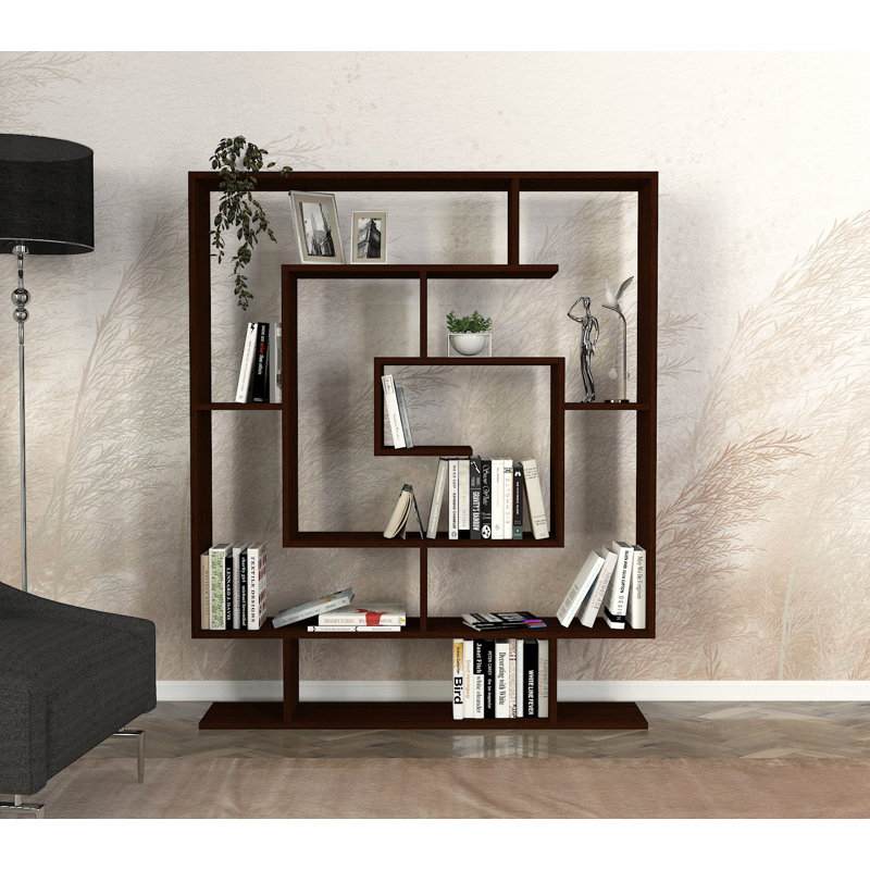 Modern Wenge Bookshelf with Wall-Mount Option, 49.2 x 58.7 x 8.7 inches | 100% Melamine Coated Particle Board, 0.7 inches Thick | Numerous Shelves, 44 lbs Capacity per Shelf | Stylish Geometric Design for Home & Office Storage