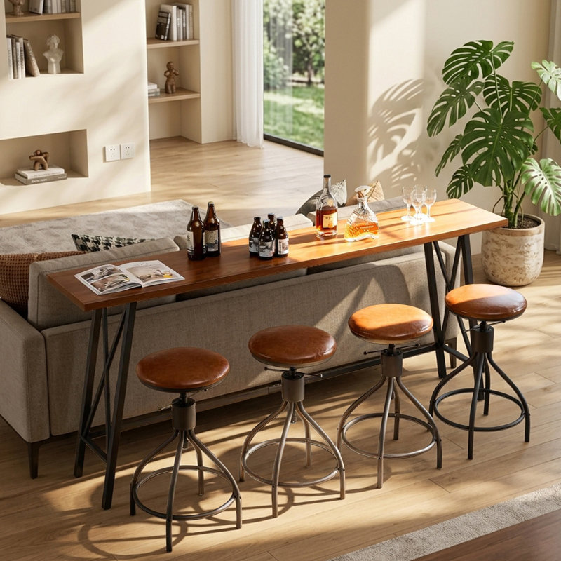 84" Industrial Bar Table Set with 4 Adjustable Swivel Bar Stools 