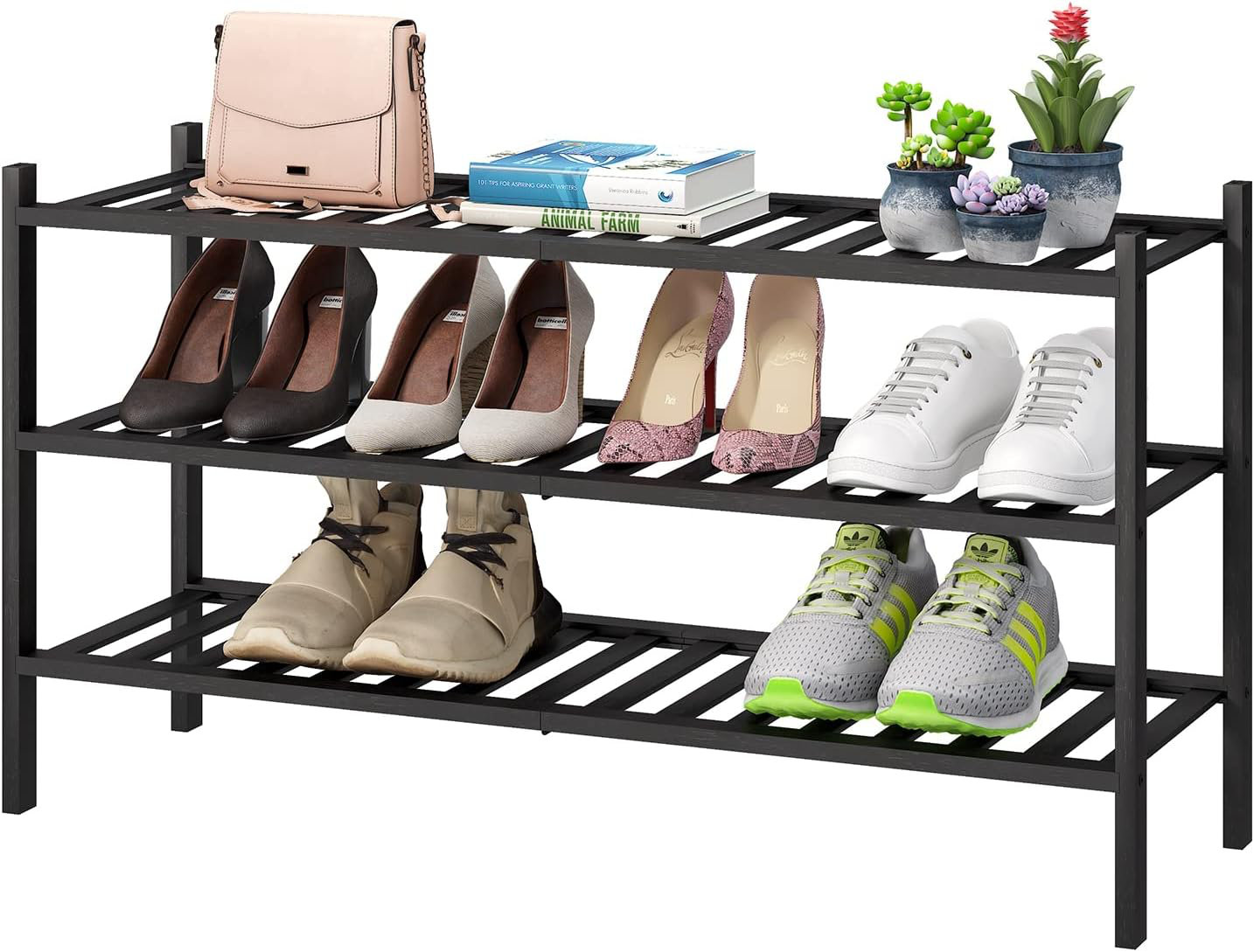 Latitude Run® Modern 3-Tier Long Black Bamboo Shoe Rack, Stackable