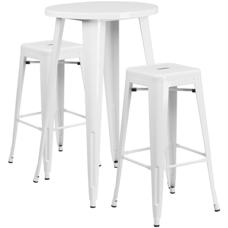 Gyala 30'' Round Metal Indoor-Outdoor Bar Table Set with 2 Square Seat Backless Stools, White, 41" H x 24" W x 24" D