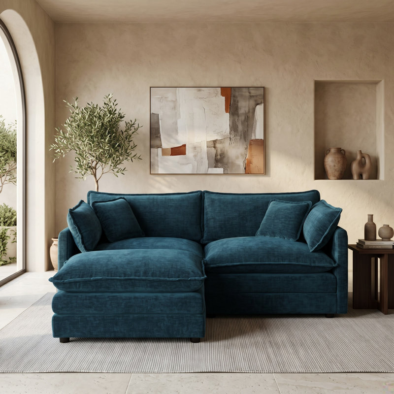 Causeuse 2 places avec repose-pieds mobile et salon en L compact, bleu foncé