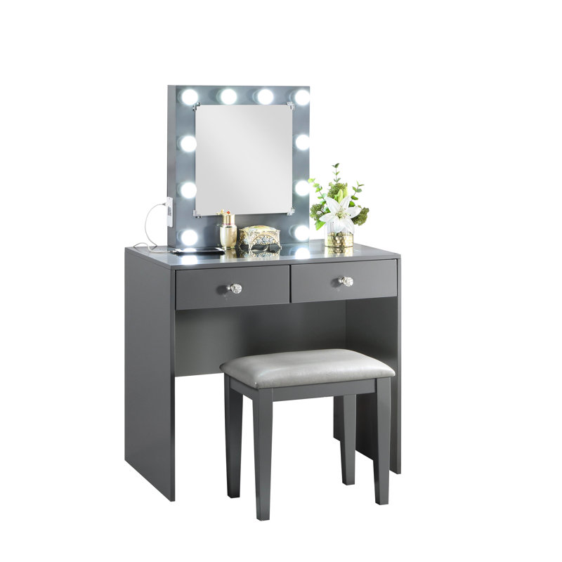 Meuble-lavabo de luxe gris, 10 lumières, port, prise de courant, coiffeuse et tabouret à 2 tiroirs inclus, tiroirs, moderne