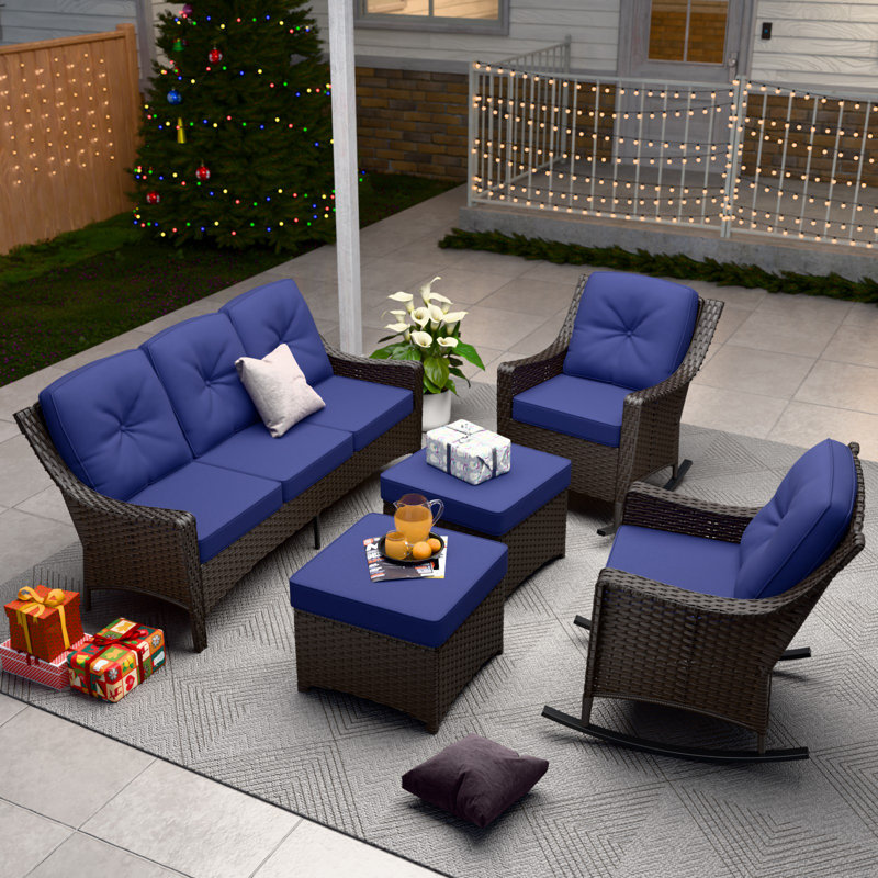5 - Person Patio Conversation Set with 2 Rocking Lounge Chairs & Sofa, Blue
