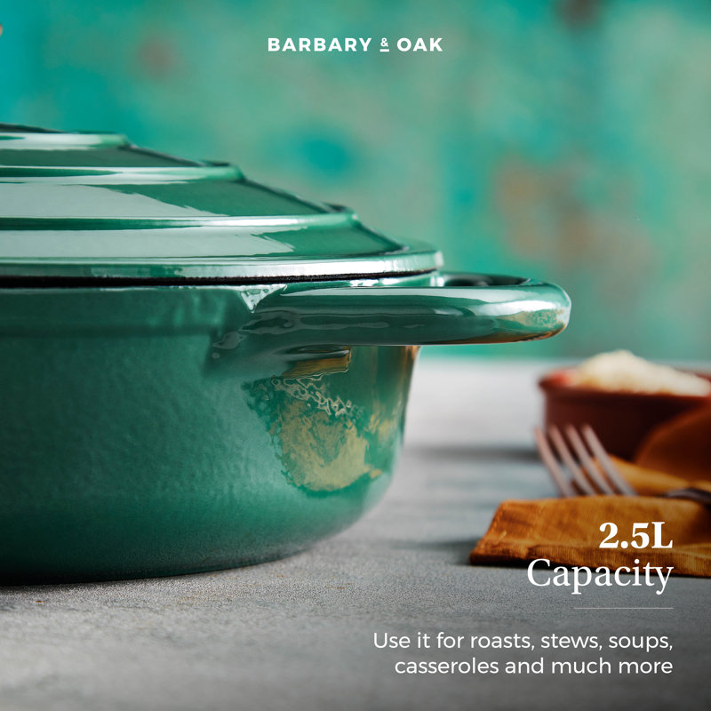 Barbary & Oak Non-Stick Cast Iron Round Dutch Oven, Verdigris Green, 36, 2.64L