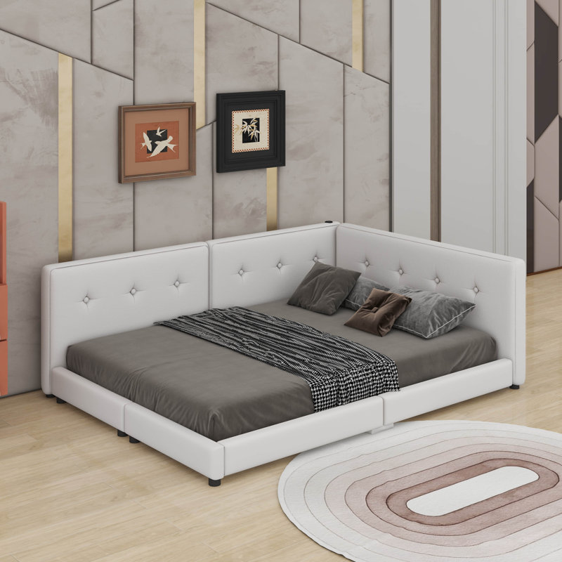 Upholstered Platform Bed With USB Ports, Beige, Queen