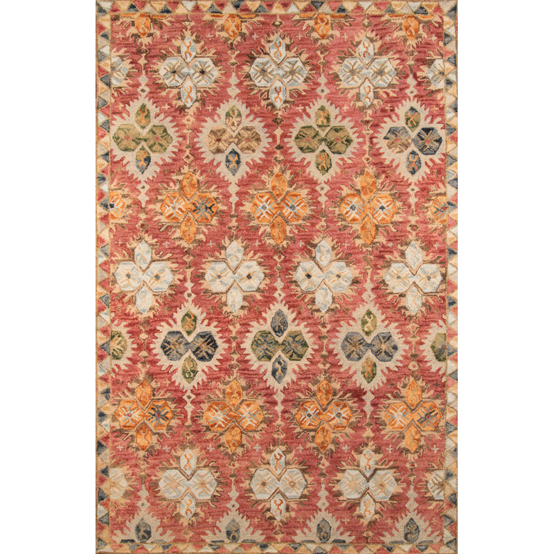 Tapis rouge / vert / ivoire en laine touffeté à la main Adrien, Rectangle 8 pi x 11 pi