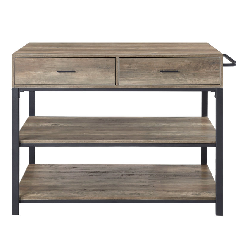Îlot de cuisine Macaria, chêne rustique et finition noire, imperméable et durable, bois massif