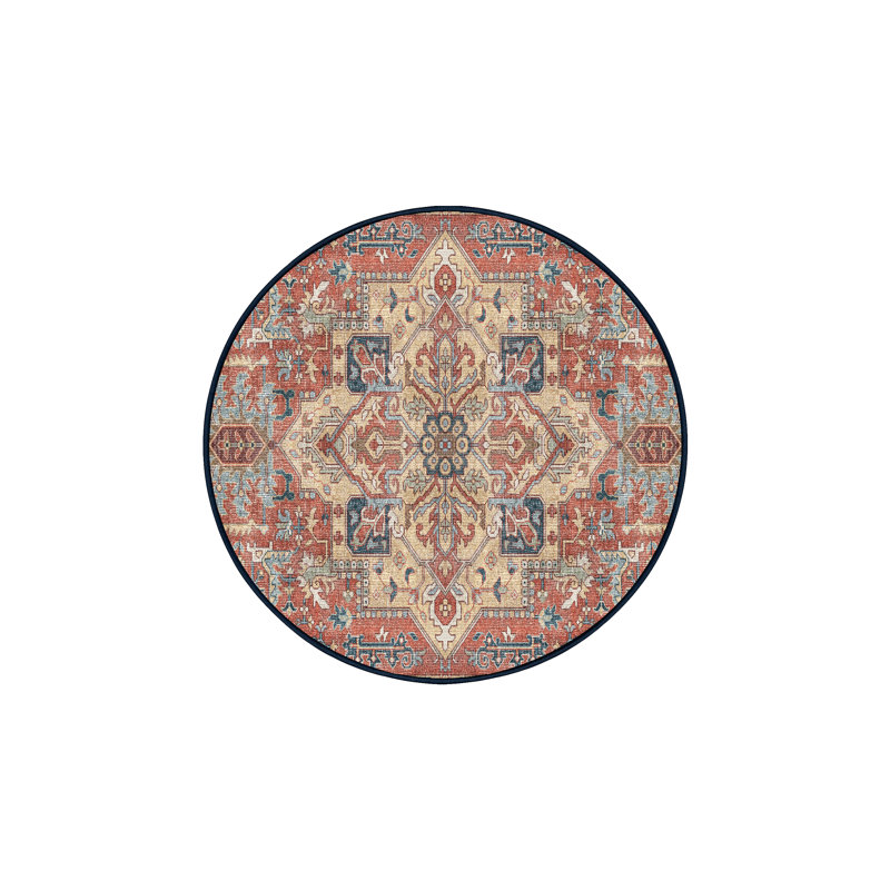 Tapis bleu / rouge en chenille / polyester tissé à la main Fitter, Rond 6 pi
