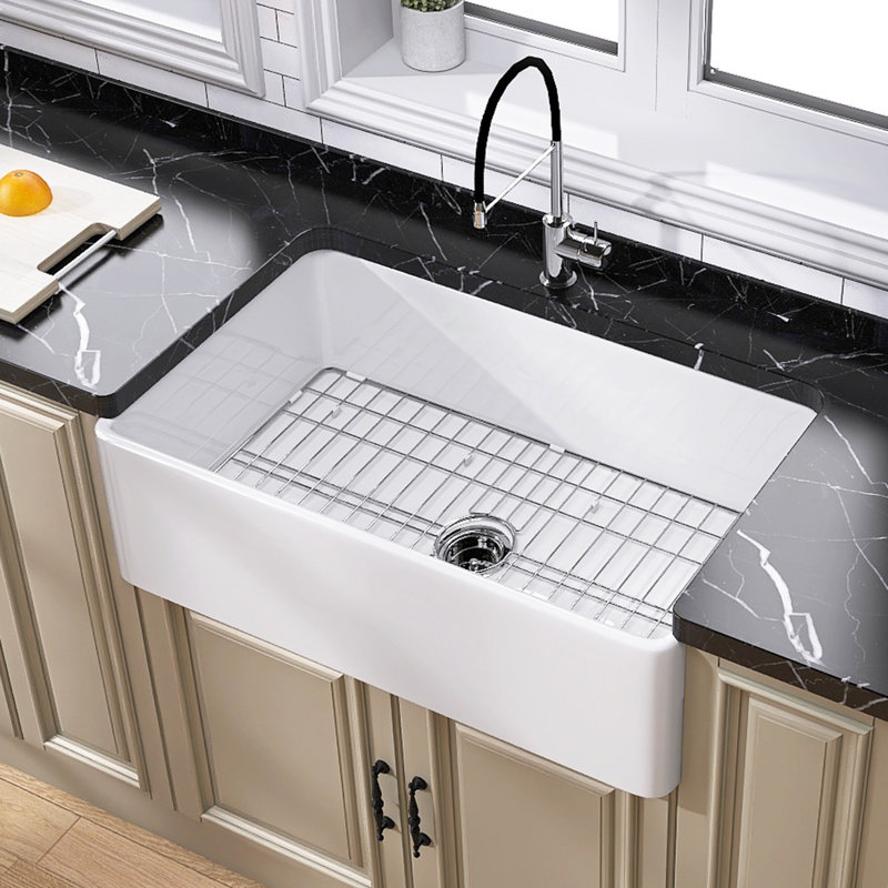 Kitchen Sinks 36 Inch Fireclay Farm Sink Single Bowl with Luxury Bottom Grid & Strainer Drain, White