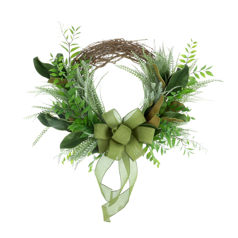 Couronne de vigne avec verdure mixte et nœud décoratif