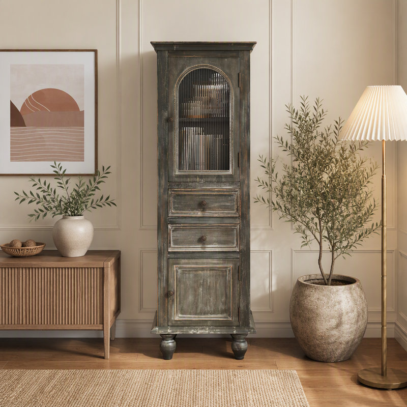Armoire de rangement Farmhouse Tall Narrow - Armoire à linge en bois rustique avec 2 tiroirs et 2 portes, armoire de plancher de salle de bain autoportante pour salon, couloir, cuisine (rustique)