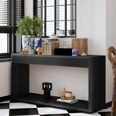 60" Modern 2-Drawer Fluted Console Table Natural Wood Veneer Sofa Table Behind Couch Table
