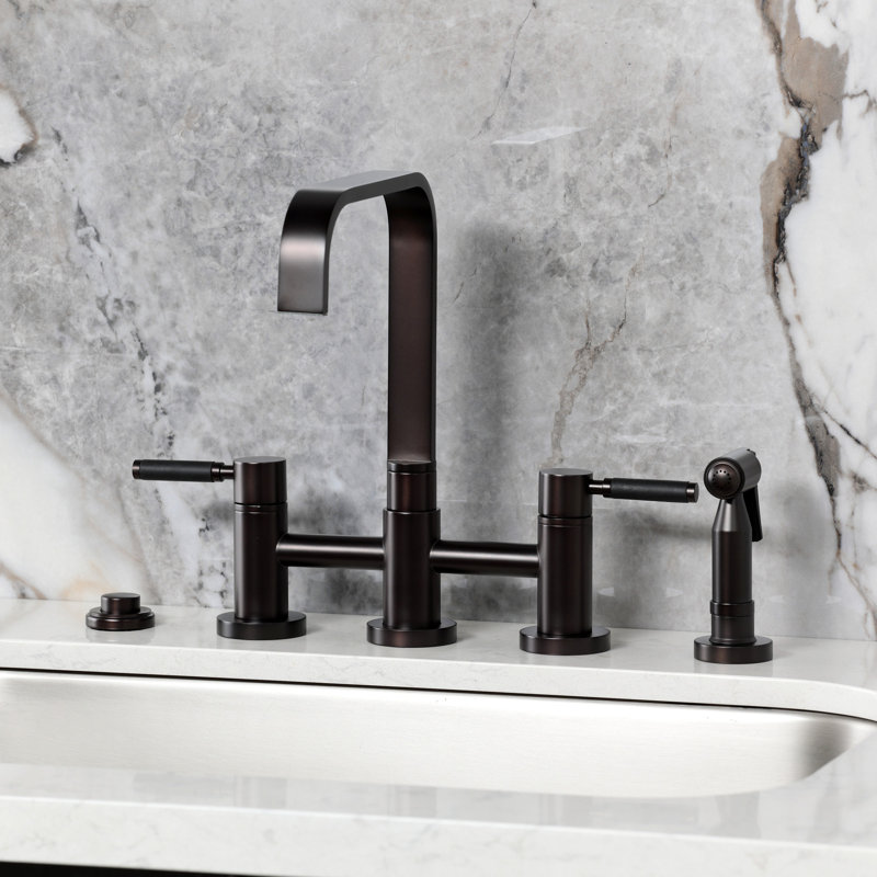 Kingston Brass Kaiser Two-Handle 4-Hole Deck Mount Bridge Kitchen Faucet with Brass Side Sprayer, Oil Rubbed Bronze