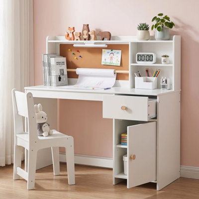Ensemble de bureau et chaise pour enfants avec huche de rangement, lumière DEL, rouleau de papier à dessin, babillard, tiroir et armoire