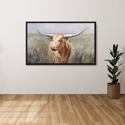 "Big Sky Longhorn" par Danhui Nai, reproduction sur toile dans un cadre flottant noir